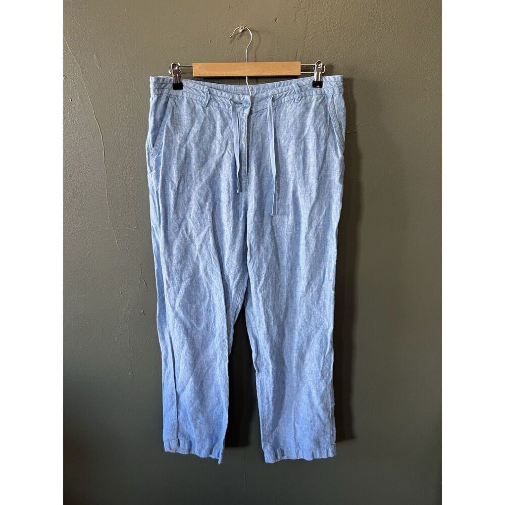 LL Bean Womens Blue Linen Straight Leg Pants w/ Drawstring Size 14 Classic Fit